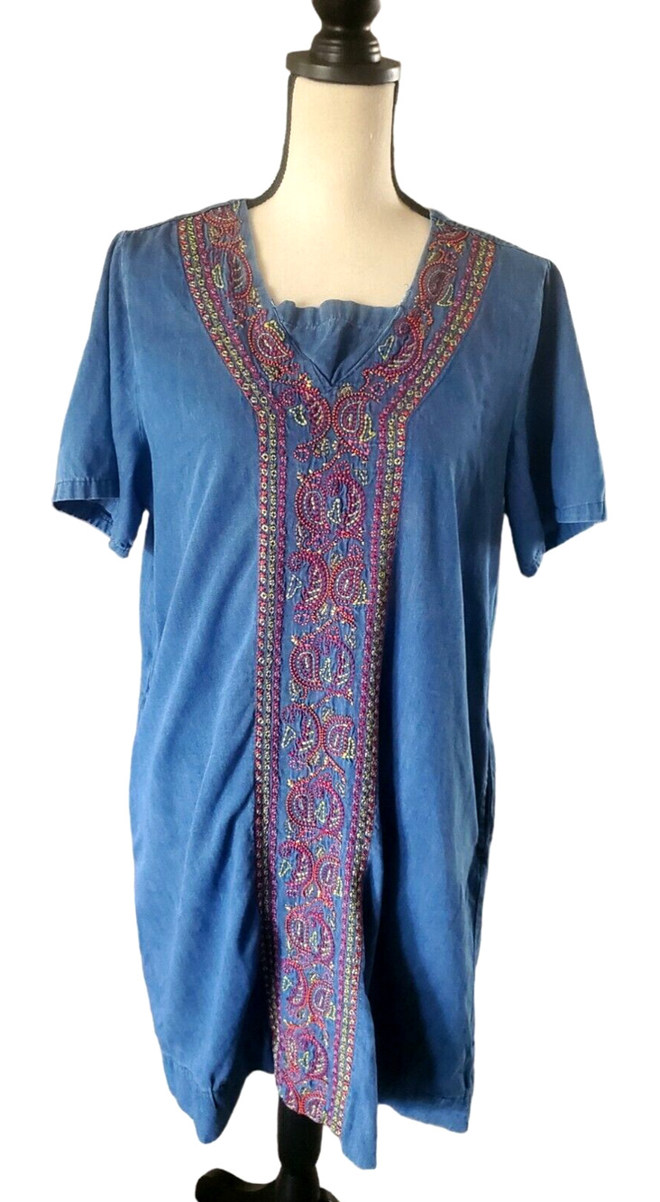 Go Softly Patio Embroidered Denim Dress Sz M